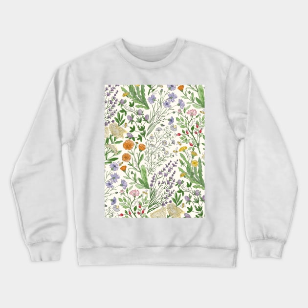 Wildflowers Lavender, chamomile, Calendula, Red Clover, cornflower, Dandelion, elderflower, Rosehip, bee Crewneck Sweatshirt by DenesAnnaDesign